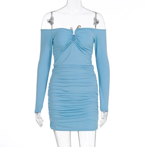 Detail of light blue bodycon dress with ruching, off-shoulder neckline and cutout detail