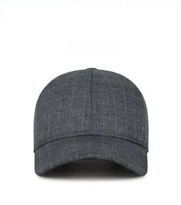 Front view of dark grey plaid baseball cap with detailed cotton blend texture and curved brim