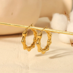 French style bamboo-shaped hollow hoop earrings with 18K gold plated stainless steel finish