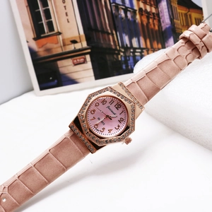 Women's quartz watch with octagonal rhinestone case and pink leather strap in rose gold