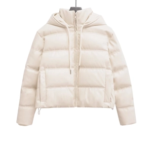 Veste matelassée en cuir PU blanc cassé pour femme avec capuche et fermeture éclair