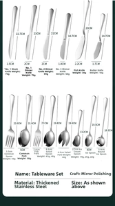 Size chart showing polished stainless steel cutlery set with precise dimensions