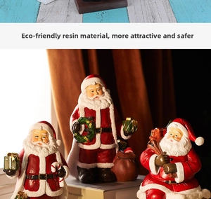 Detailed trio of Santa Claus resin figurines holding a wreath, gift box, and candy cane