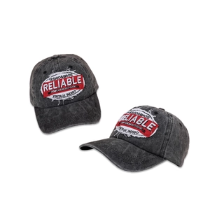 Classic dark grey washed denim baseball cap with vintage embroidery and worn-out details