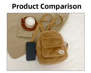 Detalle de mini mochila de peluche marrón con etiqueta decorativa y correas