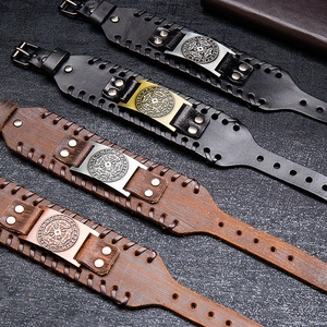Bracelets en cuir tressé rétro pour hommes avec nœuds celtiques en alliage noir et marron