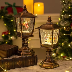 Christmas Snow Globe Lantern Vintage Street Lamp Style Lighted Ornament With Santa Claus Snowman Retro Bronze Home Decor