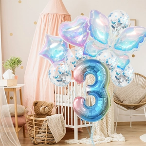 Rainbow gradient number 3 balloon set with butterfly and colorful party decorations