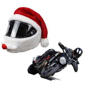 Funny Santa Claus plush motorcycle helmet cover in classic red and white Christmas hat style