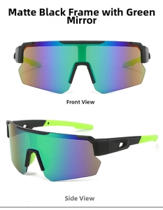 Front and side view of sports cycling sunglasses with green mercury coated lenses