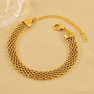 Mesh Bracelet Stainless Steel 18K Gold Plated Wide Flat Chain Adjustable Retro Fashion Jewelry For Men And Women