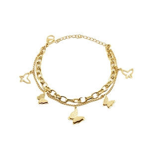 18K gold double layer stainless steel chain bracelet with five butterfly pendants on white background
