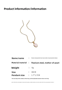 Detail showing titanium steel necklace specs with shell pendant and 46cm gold chain