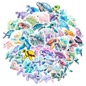Detailed stack of colorful cartoon sea turtle stickers in vibrant watercolor styles