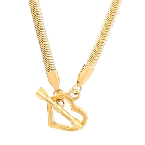 Flat gold snake chain necklace featuring a heart-shaped OT toggle and arrow-shaped clasp