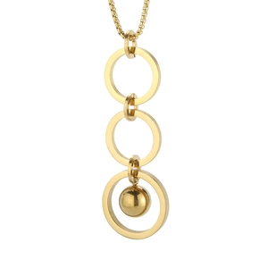 Three-tier gold circles pendant necklace with metal bead on thin stainless steel box chain