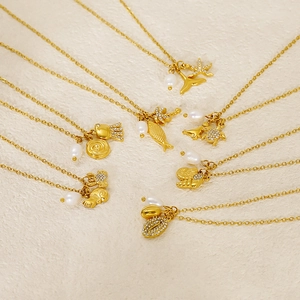 Ocean Theme Pendant Necklace 18K Gold Plated Stainless Steel Shell Starfish Artificial Pearl Rhinestone Bohemian Summer Women