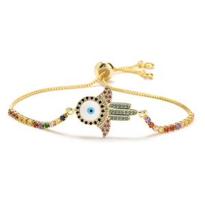 Gold Hamsa Hand bracelet with colorful zircon evil eye and adjustable slider chain