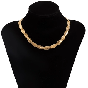 Golden double-layered woven blade chain necklace displayed on a black neck mannequin
