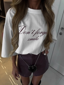 Damen Baumwolle T-Shirt Buchstaben Druck Überschnittene Schulter Locker Crew Neck Kurzarm Amerikanisch Casual Top