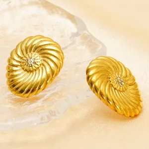 Boucles d'oreilles spirales en acier inoxydable plaqué or 18K avec fleurs en zircon