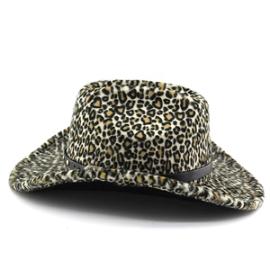 Close-up of leopard print cowboy hat featuring a black leather band with gold rivets