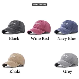 Multi-color vintage washed cotton baseball caps with palm tree embroidery display