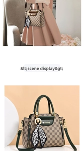 Detail of checkered tote bag with leopard scarf and round hardware decoration