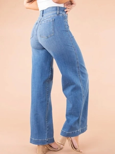 Women's high waist wide leg blue denim jeans in a loose straight fit style