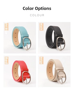 Detail view of stylish PU leather belts in light blue, black, red, and beige with metal buckles