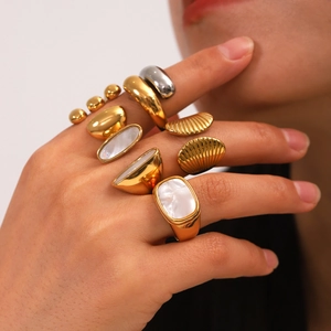 Stainless Steel Open Ring Mother Of Artificial Pearl Shell Inlay Geometric Zircon Waterproof Jewelry For Women Vintage Minimalist