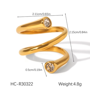 Macro detail showing dimensions of gold-plated spiral ring with clear zircon stones