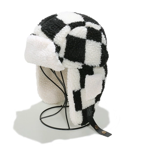 Winter Trapper Hat Checkerboard Faux Lamb Wool Ear Flap Warm Windproof Outdoor Fashion For Women Men