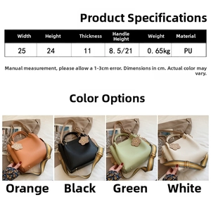 Size chart and details of minimalist PU leather bucket bag with dimensions and colors
