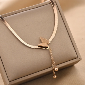 Rose gold titanium steel necklace with a frosted butterfly pendant and beaded tassels