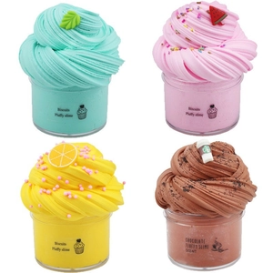 Four-pack fluffy butter slime kit with colorful textures and cute realistic fruit charms