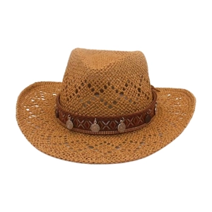 Breathable woven straw cowboy hat with roll-up brim and ethnic coin charms decoration