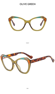 Detail view of olive green cat-eye glasses with geometric color-block and tortoiseshell temples