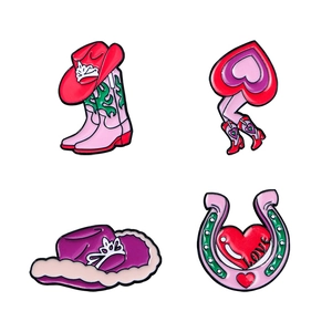 Lot de broches émaillées avec bottes de cow-boy cœur rose et fer à cheval pour vêtements