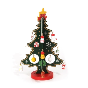 Close-up of DIY mini wooden Christmas tree with colorful painted hanging ornaments
