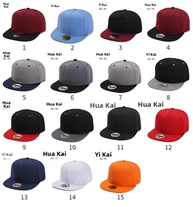 Flat brim snapback hats in fifteen assorted camouflage and solid color block designs