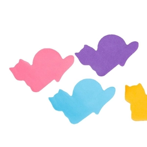Cat-shaped colorful sticky notes in pink, purple, blue, and yellow on white background
