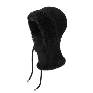 Black knitted balaclava with faux fur trim, thermal neck warmer hooded hat for outdoor cycling