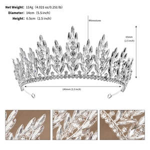 Detailed size specifications and close-up views of the luxury rhinestone bridal crown