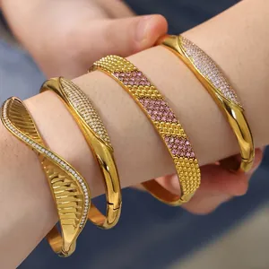 Zircon Stainless Steel Bangle Bracelet Luxury Sparkly 18K Gold Plated Buckle Elegant Trendy Jewelry For Women Gift