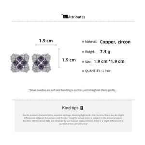 Detail specifications of square geometric stud earrings with purple zircon and silver pins
