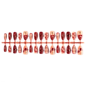30pcs 3D almond press-on nails with red hearts, gold bows, and cherry leopard patterns