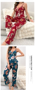 Detail of floral printed satin pajama set with camisole top and pants in two colors