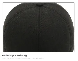 Detailed macro view of the black twill baseball cap top with stitched crown and button