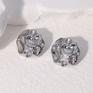Irregular wrinkled stainless steel stud earrings in polished silver for women